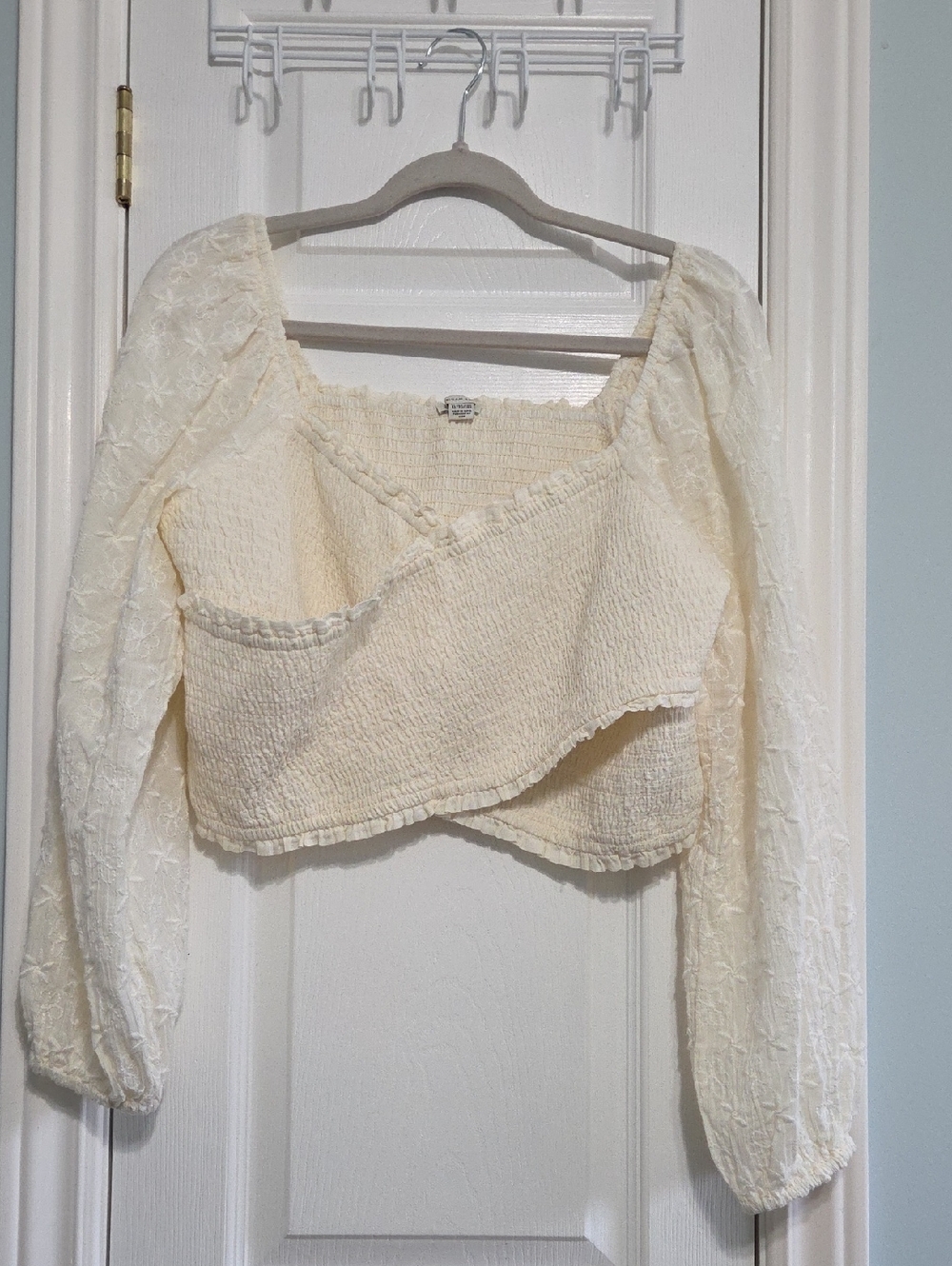 Women's Cream Smocked Wrap Crop Top with Sheer Embroidered Sleeves